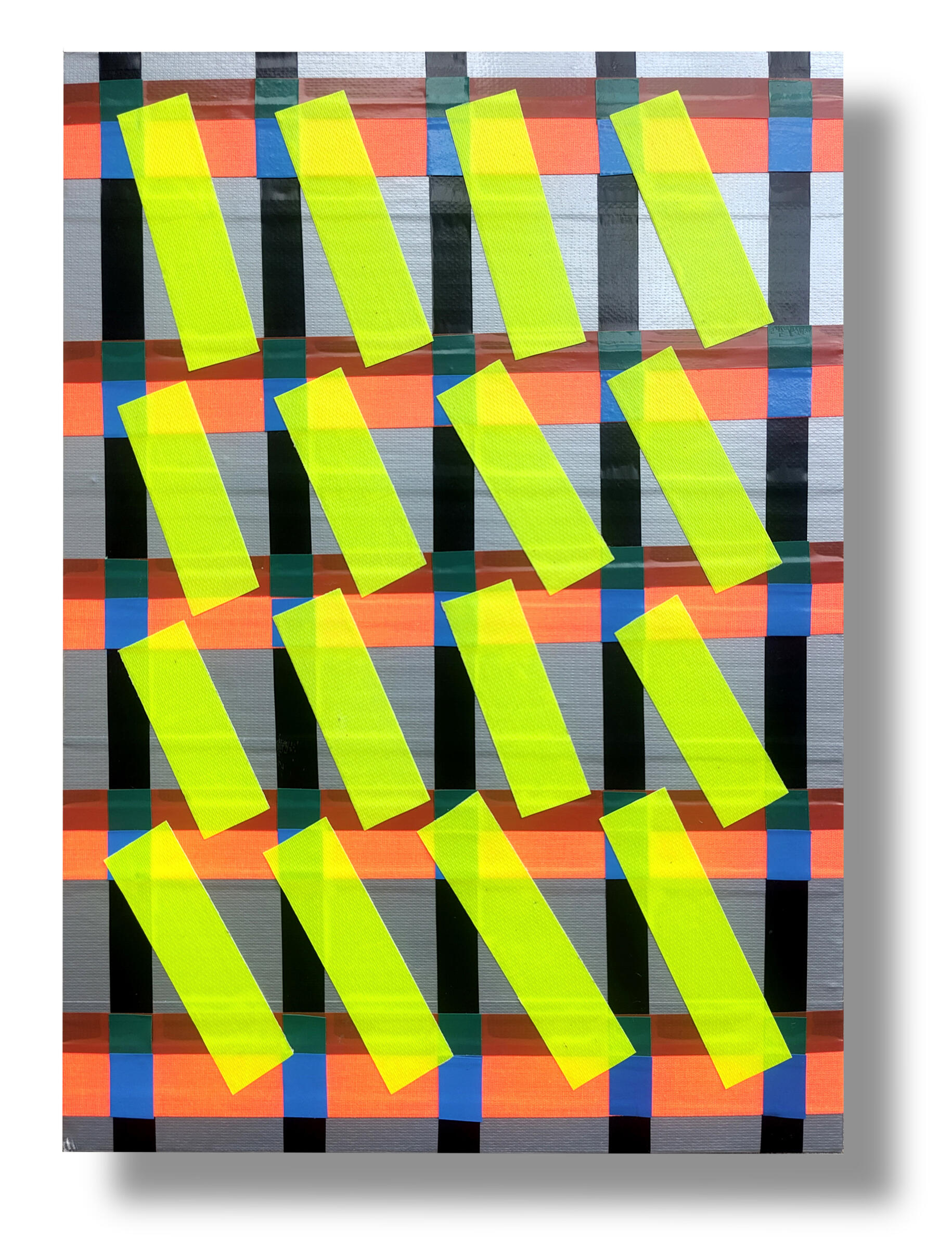 Experimental tape artwork exploring colour, geometric composition, and innovative material experimentation through handcrafted graphic design.